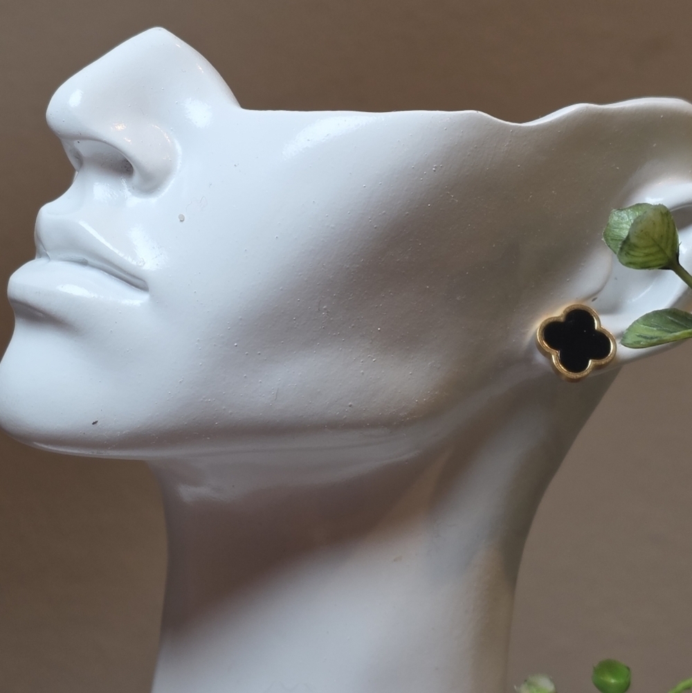 Alahambra Gold Black Clover Flower Stud Earrings Gold Plated | New